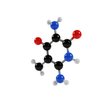 A glossy molecular model of a nitrogenous base with colorful spheres and white atoms on a white background and subtle shadows scientific research concept