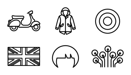 Mod Culture Icons: Scooter, Parka Jacket, Target, Union Jack, Hairstyle, Abstract Elements © Faria