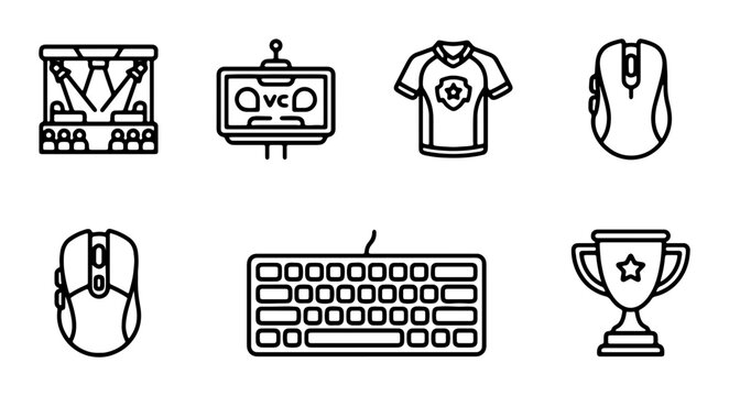 Esports Icons Set: Gaming Stage, Monitor, Jersey, Mouse, Keyboard, Trophy, Vector Graphics