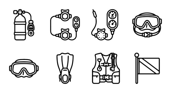Scuba Diving Equipment Icons Set, Underwater Adventure Gear, Dive Sport Symbols, Vector Graphics