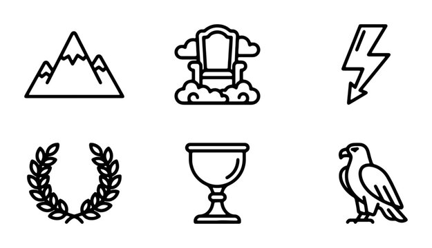 Greek Mythology Icons: Olympus Throne, Zeus Lightning, Laurel Wreath, Eagle, Mountain, Chalice