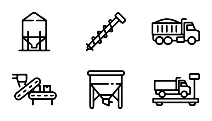 Industrial Icons: Grain Silo, Auger, Truck, Conveyor Belt, Scale, Vector Graphics © Faria