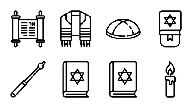 Jewish Religious Symbols Vector Icons Set: Torah, Tallit, Kippah, Siddur, Candle, Pointer