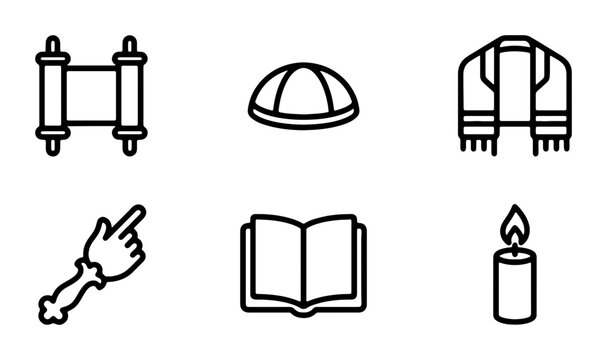 Jewish Religious Icons: Torah Scroll, Kippah, Tallit, Candle, Book, Hand Pointer Vector Set