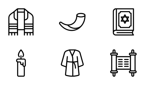 Jewish Religious Icons Set: Tallit, Shofar, Torah, Candle, Robe, Scroll, Culture Symbols