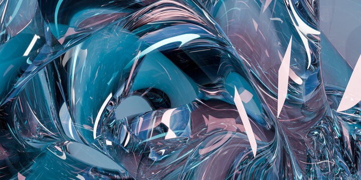 Abstract background fluid liquid glass waves blending deep blue teal pink colors with glossy reflections creating dynamic futuristic high tech texture 3d rendering