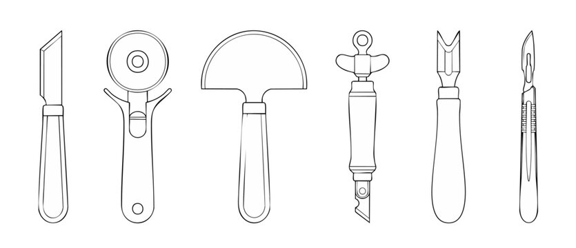 Leather craft tools vector set of cutting knives for handmade crafting, featuring round head knife, rotary cutter, precision scalpel, skiving beveler, gouge, and edge trimmer line art illustration set