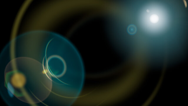 flare overlay light blue circular rings on black background, optical lens glow effect, realistic sunburst shimmer, professional photo editing beam, isolated teal glow light ray