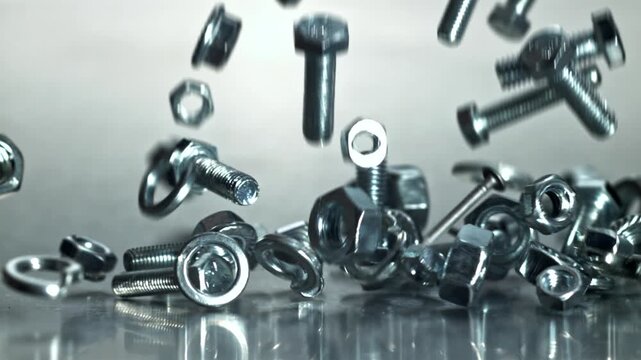 Closeup falling nuts and bolts across reflective bench, kinetic tumble Filmed on a high-speed camera at 1000 fps.