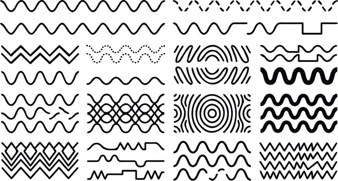 Wavy zigzag and dashed vector line set with abstract squiggle patterns on white background