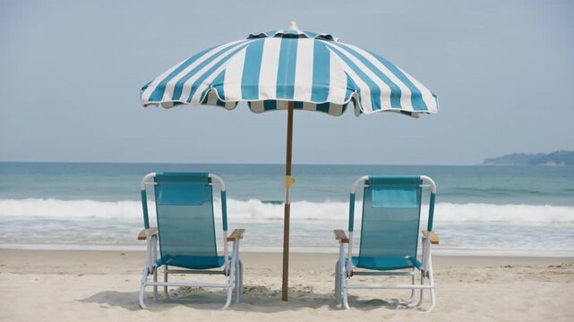 Portable blue and white striped outdoor beach umbrella with a sand anchor and tilt mechanism