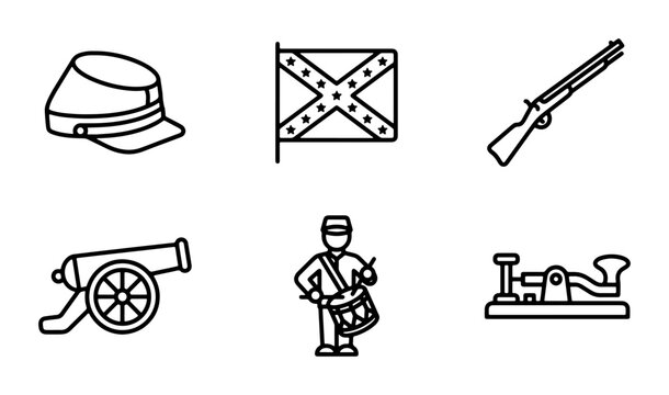 American Civil War Icons: Soldier, Cannon, Rifle, Flag, Drummer, Telegraph