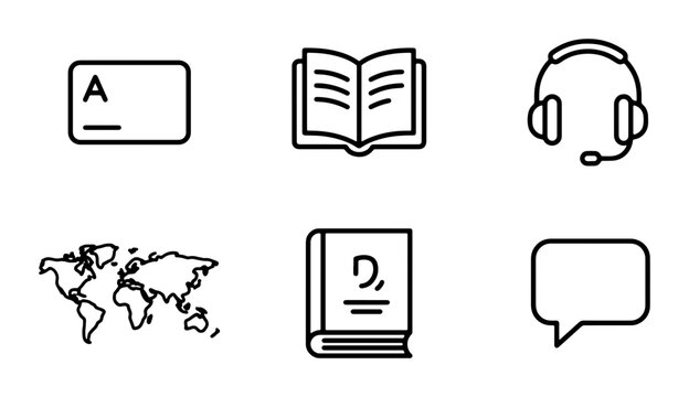 Education Icons Set: Book, Keyboard, Headphones, World Map, Dictionary, Speech Bubble