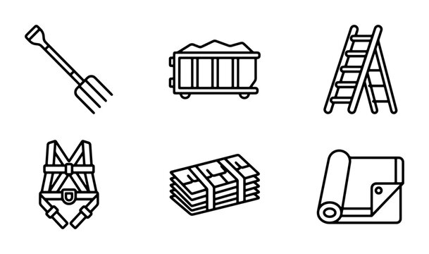 Construction Tools and Materials Icons Set: Safety Harness, Ladder, Shovel, Rolled Material, Mining Cart, Money Stack