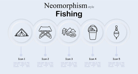 Fishing set icon. Camping tent shelter, folding fishing chair seat, mountain lake landscape, bucket with fish catch, fishing float bobber. Neomorphic circular buttons, thin outline fishing © Anastasia