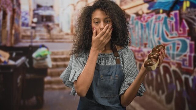 Teenage woman with curly hair in apron holds heirloom tomatoes in hand and smiles against graffiti mural in street; curiosity delight.
