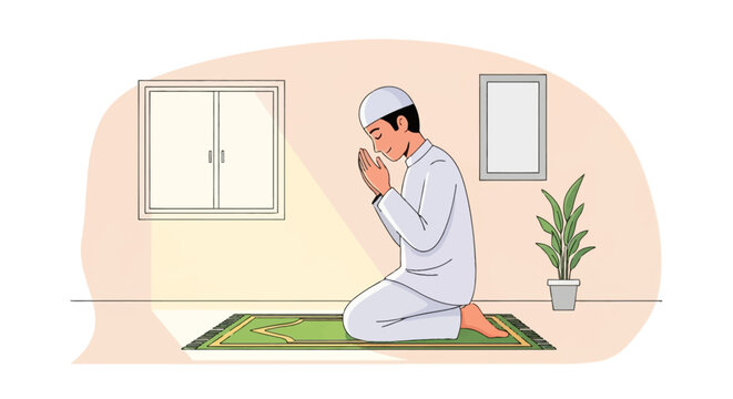Vector illustration of a Muslim man in white traditional thobe and kufi sitting on a green prayer rug performing supplication with raised hands in a minimalist interior room setting.