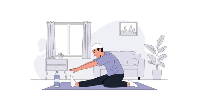 Flat vector illustration of a Muslim man wearing a prayer cap performing a seated hamstring stretch on a purple mat in a living room with a window, couch, and water bottle.