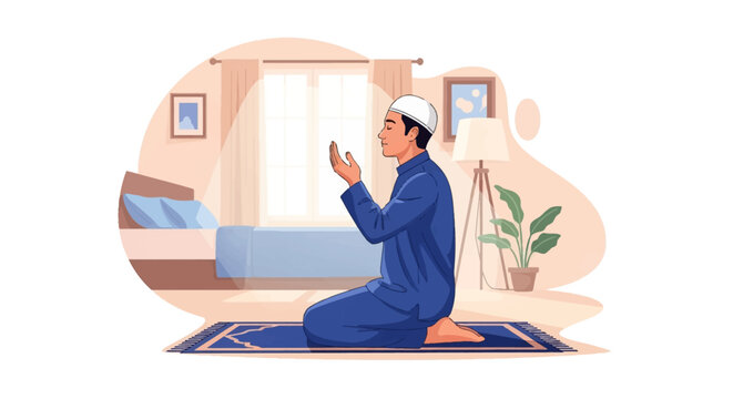 Side view of a Muslim man in a blue thobe and white skullcap sitting on a prayer rug and making dua with raised hands in a modern bedroom setting with a bed, window, and houseplant.