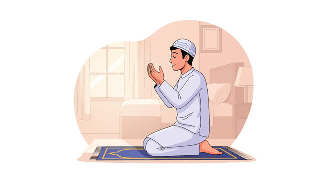 A vector illustration of a Muslim man wearing a white thobe and kufi, kneeling on a blue prayer mat with hands raised in Dua supplication inside a bedroom setting at home.