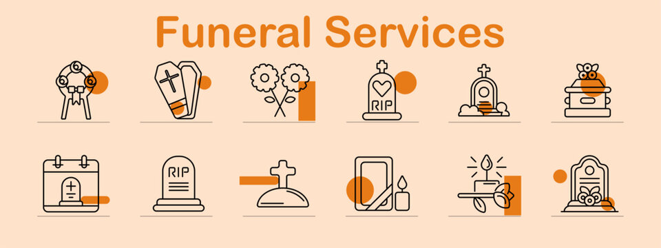 Funeral services set icon. Line symbols depict wreath ribbon, coffin box, flower bouquet, rip tombstone, grave monument, urn memorial, calendar burial, headstone marker
