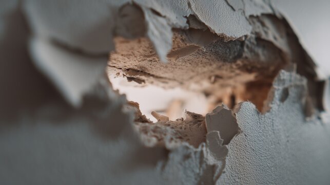 Hole in drywall with peeling paper and exposed gypsum showing damage ready for patching and repair.