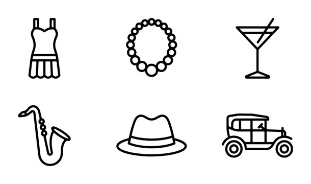 Art Deco Icons: Flapper Dress, Pearls, Martini, Saxophone, Fedora, Vintage Car Vector Set