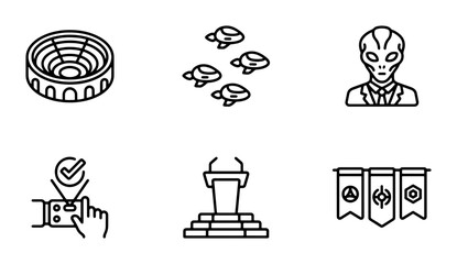 Alien Icons, UFO Symbols, Sci-Fi Graphics, Space Exploration Vector Set © Sanzida