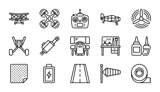 RC Aircraft Icons Set, Drone, Airplane, Remote Control, Propeller, Landing Gear, Battery, Workshop, Tools, Hobby Vector Graphics