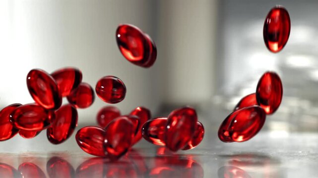Red softgel capsules on reflective table, closeup next to blurred Filmed on a high-speed camera at 1000 fps.