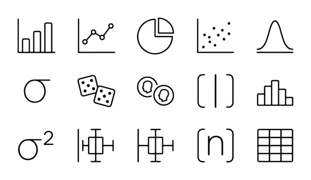 Statistical Icons Set, Data Analysis Graphics, Probability Symbols, Research Visuals, Vector Elements