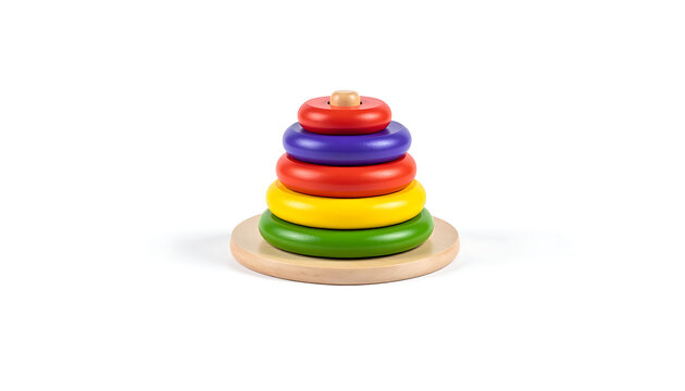 A colorful wooden stacking rings toy for toddlers, featuring a central rod and five nested rings in red, blue, purple, yellow, and green, isolated on a white background.