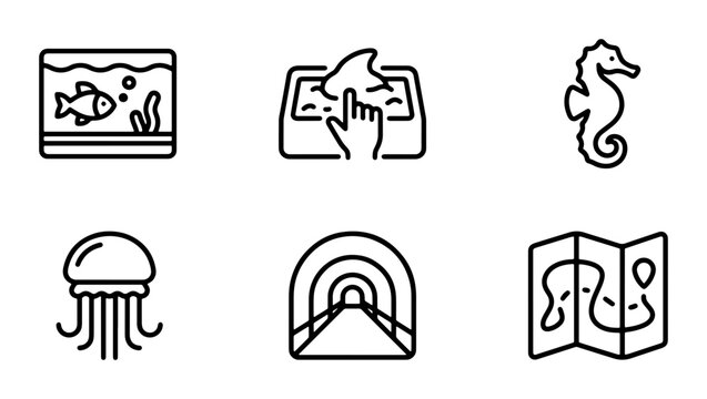 Aquarium Icons Set: Fish Tank, Touch Pool, Seahorse, Jellyfish, Tunnel, Map