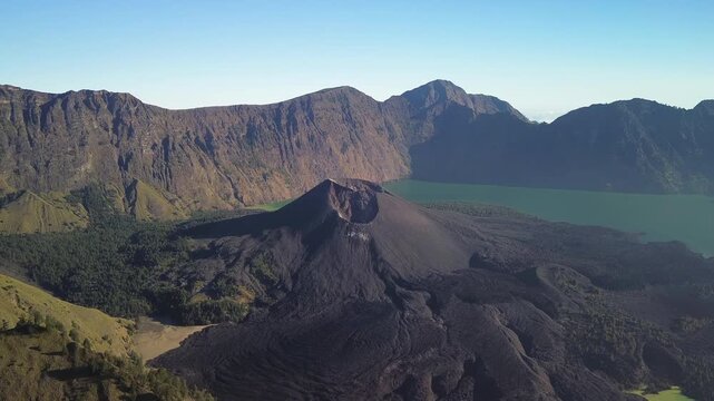 Aerial view of Mount Barujari volcanic cone in Segara Anak, Mt. Rinjani, Lombok