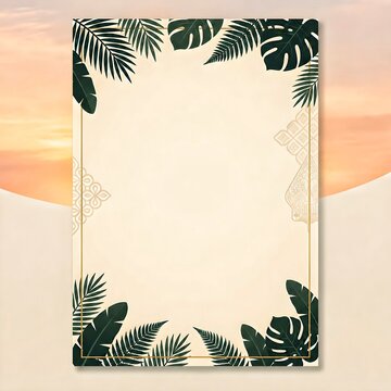 Tropical Leaves Frame Background with Traditional Javanese Batik and Wayang Ornaments