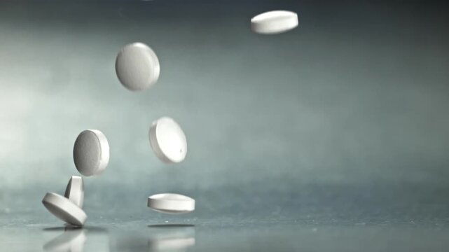 White round tablets bouncing on table, high framerate capture Filmed on a high-speed camera at 1000 fps.