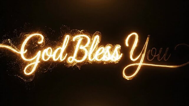 A glowing, ethereal script of 'God Bless You' shimmers against a dark, smoky background, evoking a sense of divine benediction and spiritual warmth.