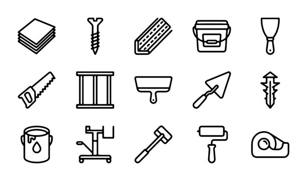 Construction Tools Vector Icons Set, DIY Home Renovation Hardware, Building Supplies Graphics