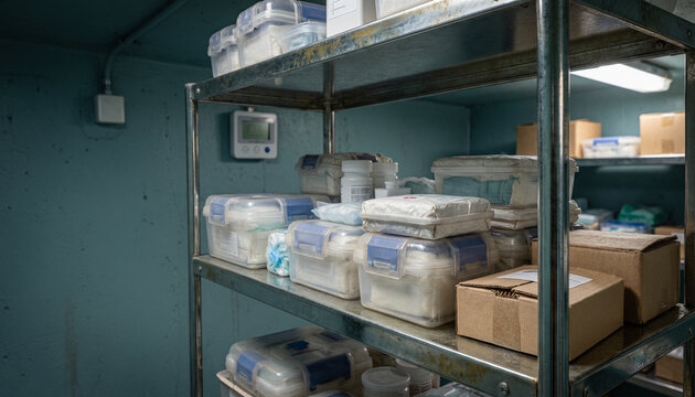 Metal shelf stocked with medical supplies, first aid box, and pharmaceutical packages in a concrete storage room with thermostat.