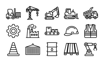 Industrial Construction Icons Set: Machinery, Tools, and Safety Gear Vector Graphics © Sultana