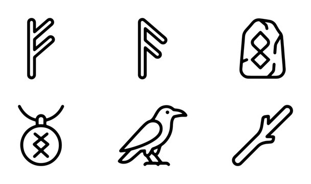 Norse Runes, Raven Icon, Rune Stone, Necklace, Branch Vector Icons Set