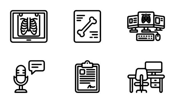 Medical Icons Set: X-Ray, Bone Scan, Radiologist Workstation, Microphone, Clipboard, Doctor's Desk