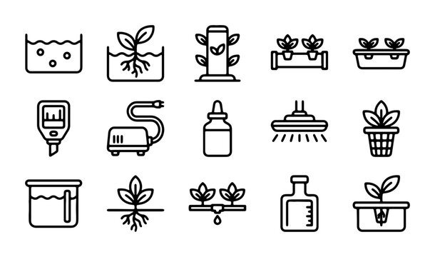 Hydroponic Farming Icons: Growing Plants Without Soil, Sustainable Agriculture Equipment, Water Culture Systems
