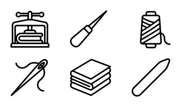 Bookbinding Tools Vector Icons Set: Press, Awl, Thread, Needle, Stacked Books, Bone Folder