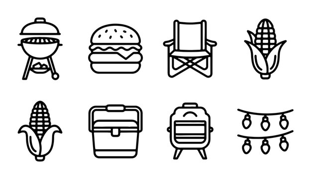 Barbecue Icons Set: Grill, Burger, Chair, Corn, Cooler, Lights, Vector Graphics