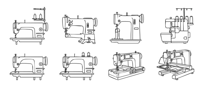 Sewing machine line art icon set including vintage tailored embroidery equipment and modern serger overlocker tools for professional fashion design and craft hobby on isolated white background vector.