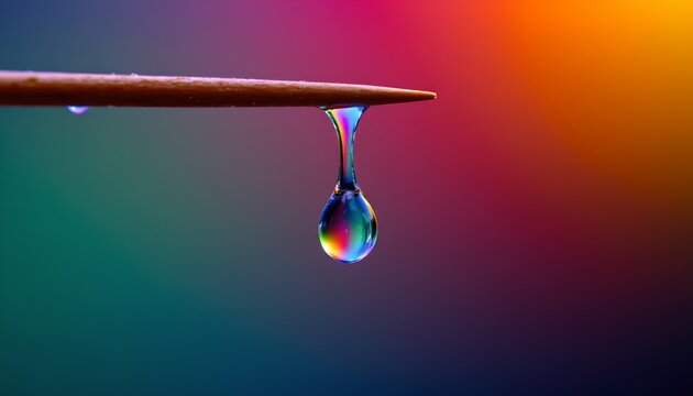 The image features a close up of a slender, pointed object, possibly a pin or needle, with a single dewdrop hanging from its tip