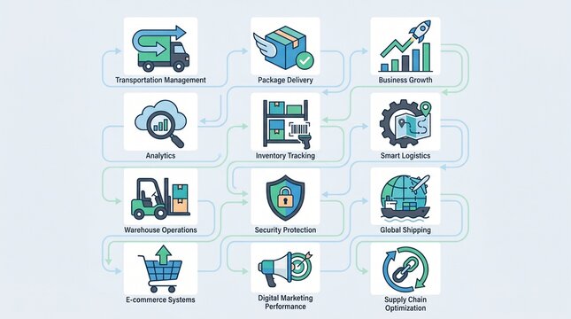 A versatile business logistics icon collection, symbolizing transportation, delivery, and analytics, capturing the essence of growth, optimization, and digital integration in modern supply chain syste