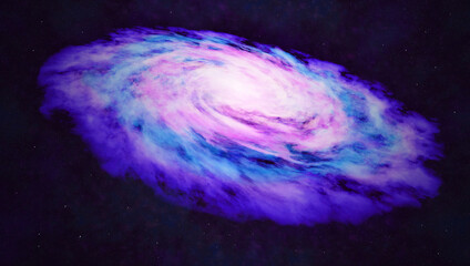 Vibrant purple spiral galaxy nebula with glowing core and cosmic clouds in space © Bawornpak