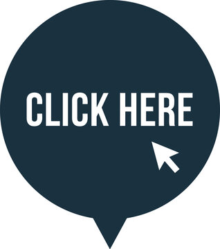 Interactive click here speech bubble with cursor pointer for website interface navigation and call action.